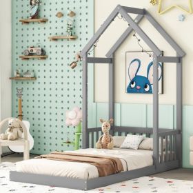 Twin House-shaped Roof Headboard Floor Bed,,without Slats,Grey