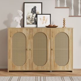 Vintage 3-door Sideboard With Large Storage Faux Rattan Doors And Metal Handles, Living Room And Hallway Decorative Cabinets