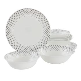 Ultra by Gibson Cane Peak 12 Piece Opal Glass Dinnerware Set in White With Grey Accents