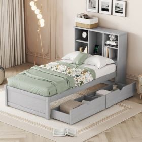 Modern Twin Size Bed Frame With Built-in USB Port On Bookcase Headboard And 2 Drawers For Grey Color