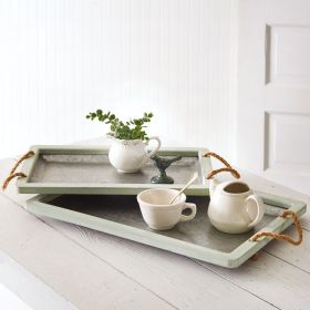 Set Of Two Jade Galvanized Trays With Rope Handles