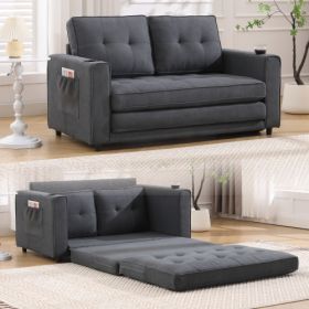 VIDEO Provided 3-in-1 Upholstered Futon Sofa Convertible Sofa Bed,Foldable Tufted Loveseat With Pull Out Sleeper Couch Bed