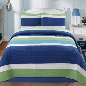 Full/Queen Navy Blue/Green/Teal/White Stripe 100-Percent Cotton Quilt Set