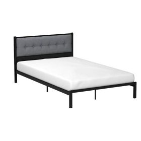 Full Metal Platform Bed Frame with Gray Button Tufted Upholstered Headboard