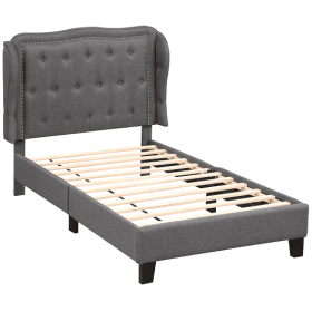 Twin Size Bed Frame with Button Tufted Wingback Headboard and Storage Space-Gray