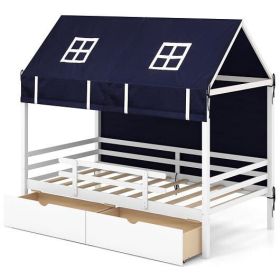 Twin House Bed with Tent and 2 Storage Drawers for Kids-White