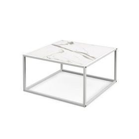 Modern Glass Square Coffee Table with Metal Frame for Living Room-White