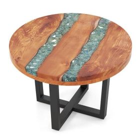 24 Inch Outdoor Solid Live Edge Round Teak Wood End Table with Epoxy Resin Tabletop