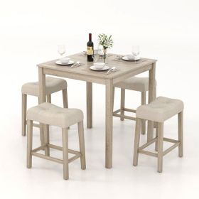 5 Pieces Bar Table Set with Square Table and 4 Padded Stools-Gray