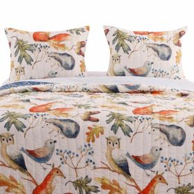 King 3 Piece Blue Beige Birds Animals Floral Microfiber Reversible Quilt Set