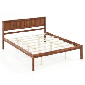 Queen Size Retro Wood Platform Bed Frame with Headboard in Walnut