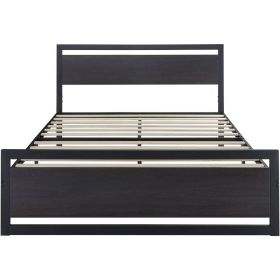 Full Black Metal Platform Bed Frame with Wood Panel Headboard and Footboard