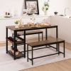 Modern Industrial 3-Piece Metal Wood Dining Set with 2 Benches and Wine Rack