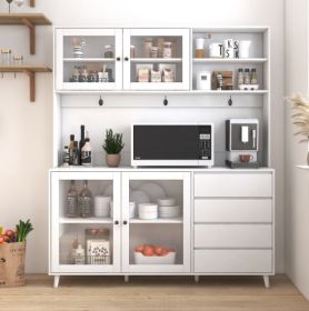 63W Large Kitchen Hutch Cabinet, Freestanding Pantry Cabinets Storage Kitchen Cupboard With 4 Doors, 4 Drawers & Microwave Shelf, White