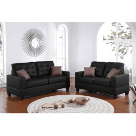 Living Room Furniture 2pc Sofa Set Black Faux Leather Tufted Sofa Loveseat W Pillows Cushion Couch