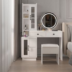 Modern Makeup Vanity Table Set with Side Cabinet and LED Mirror, Retractable Dressing Table with Power Outlets, 3 Light Colors