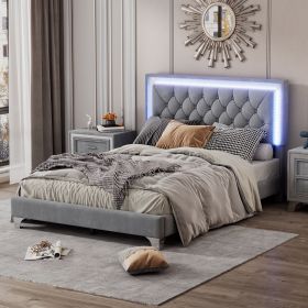 Full Size Upholstered Bed Frame with LED Lights,Modern Velvet Platform Bed with Tufted Headboard,Gray