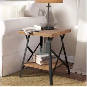 U_STYLE Industrial End Table with Solid Wood Top, Metal Base