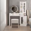 Modern Makeup Vanity Table Set with Side Cabinet and LED Mirror, Retractable Dressing Table with Power Outlets, 3 Light Colors