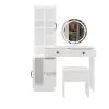 Modern Makeup Vanity Table Set with Side Cabinet and LED Mirror, Retractable Dressing Table with Power Outlets, 3 Light Colors