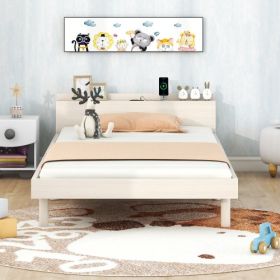 Modern Design Twin Size Platform Bed Frame With Built-in USB For White Washed Color