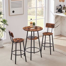 Round Bar Stool Set With Shelves, Stool With Backrest Rustic Brown