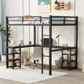 Full Metal Loft Bed With Desk And Shelves, Loft Bed With Ladder And Guardrails, Loft Bed Frame For Bedroom