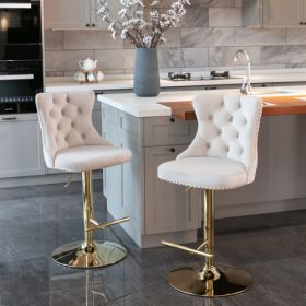 Golden Swivel Velvet Barstools Adjusatble Seat Height From 25-33 Inch Beige,Set Of 2